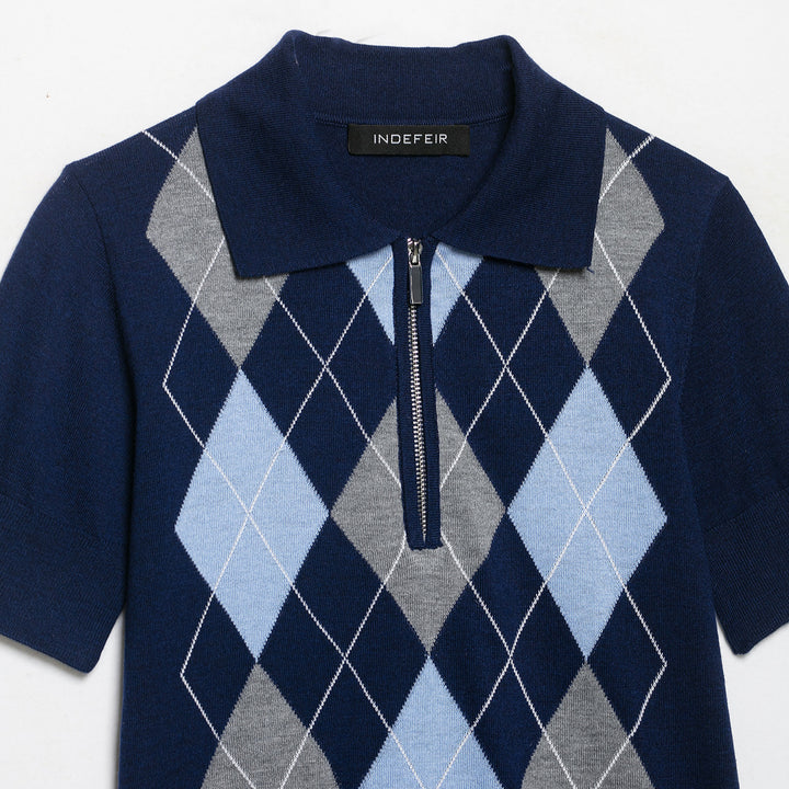 Women Short Sleeve Polo Collar Knitted Sweater with Diamond Jacquard and Half Zipper Amarae