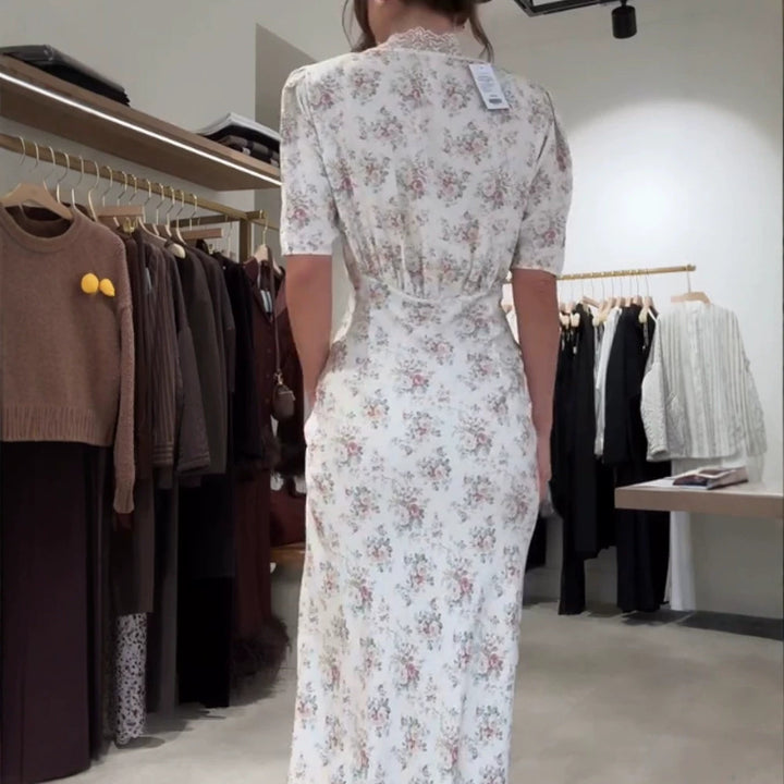 Women Romantic Maxi Dress in Flowing Satin with Lace Cut-Out & Puff Sleeves Amarae