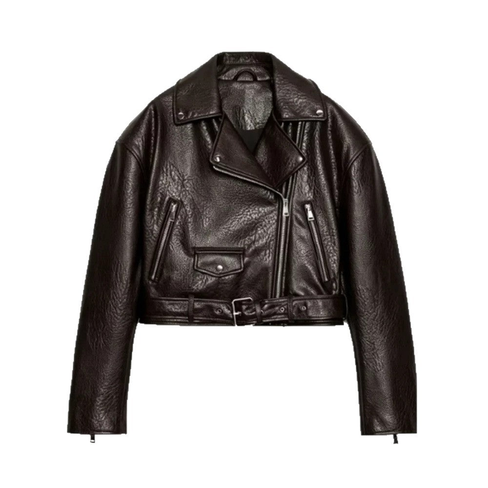 Women's short-cut biker jacket made of faux leather with a waist belt and asymmetrical zipper Amarae