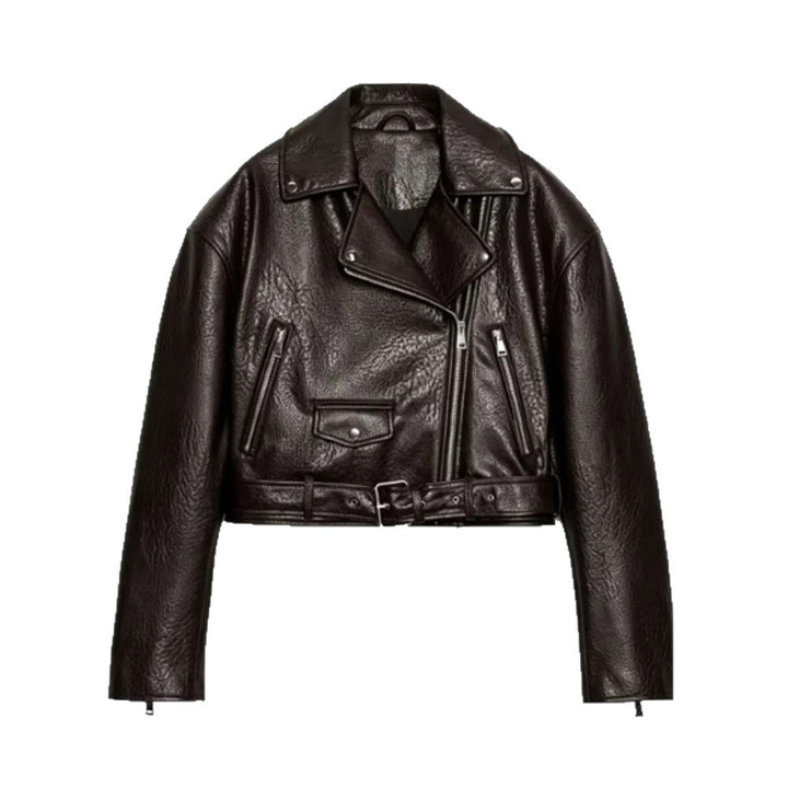Women's short-cut biker jacket made of faux leather with a waist belt and asymmetrical zipper Amarae