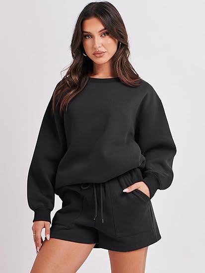 Women's Casual Two-Piece Lounge Sweatset with Oversized Round Neck Sweatshirt and High-Waist Relax Shorts Amarae