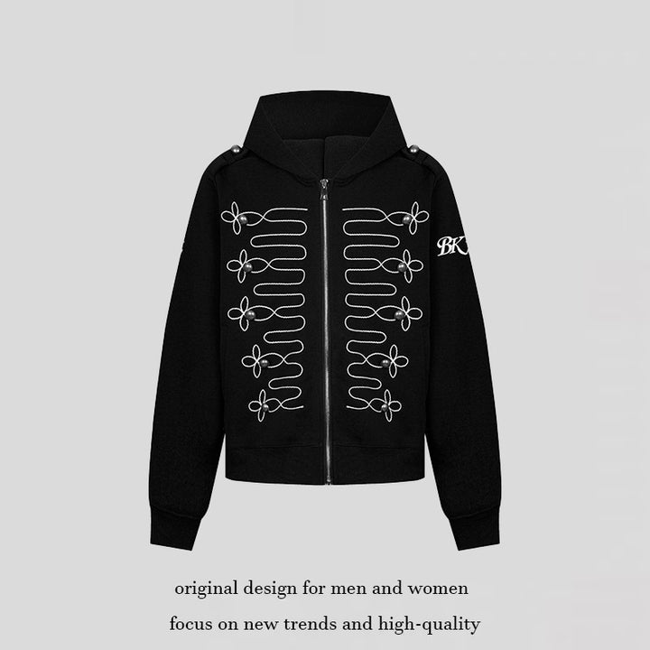 Women's hooded sweatshirt jacket with decorative frogging embroidery and pearl buttons Amarae