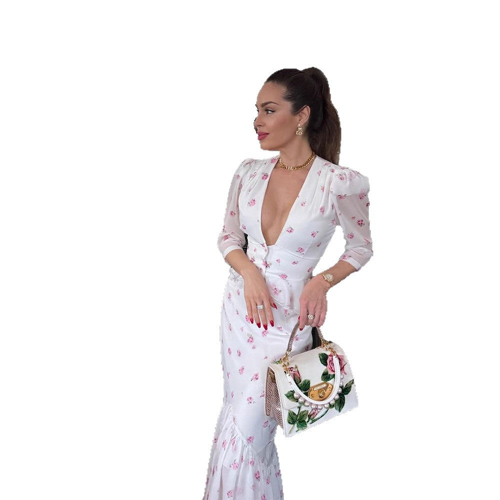 Women's Floral Satin Midi Dress with Deep V-Neck, Puff Sleeves, and Tailored Gathering Amarae