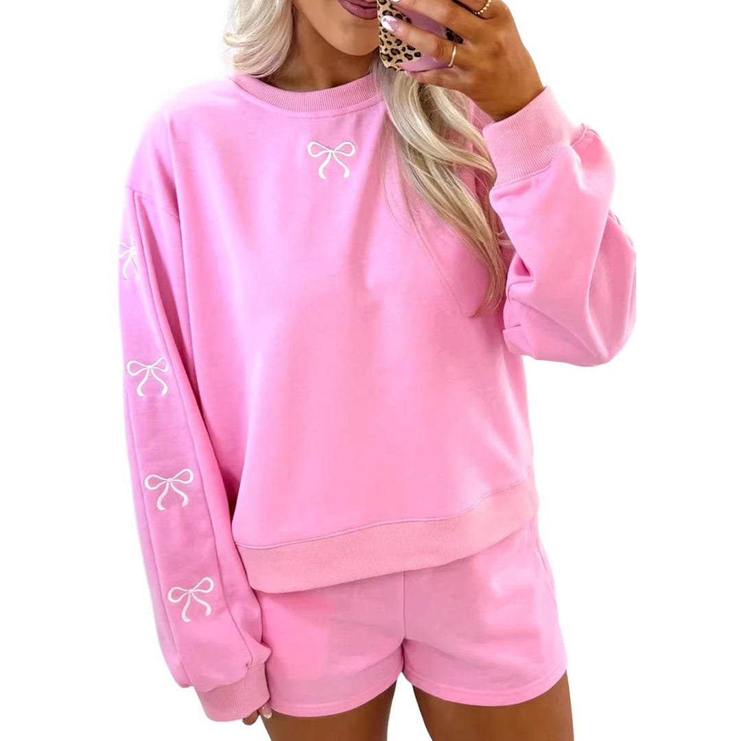 Women's cozy lounge sweat set with shorts and embroidered bows Amarae
