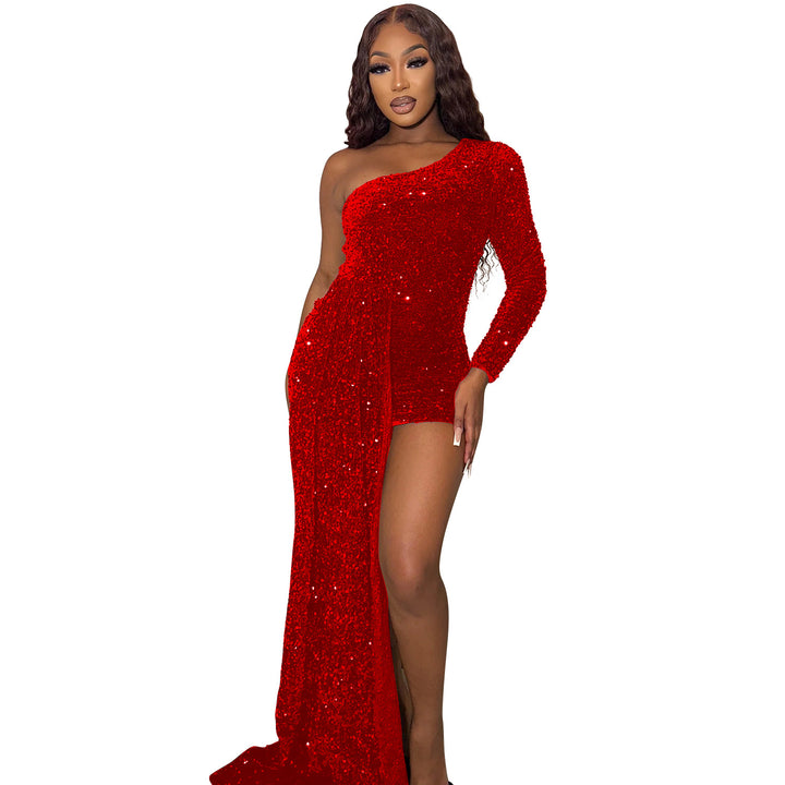 One-Shoulder Sequin Evening Dress Lune London