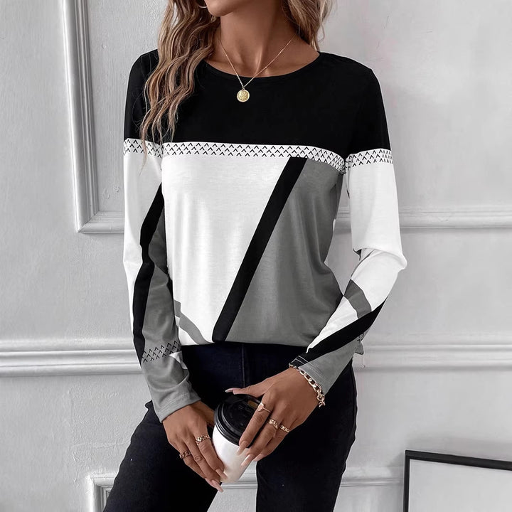 Women's Long Sleeve Shirt with Graphic Colorblock Design and Round Neck Amarae