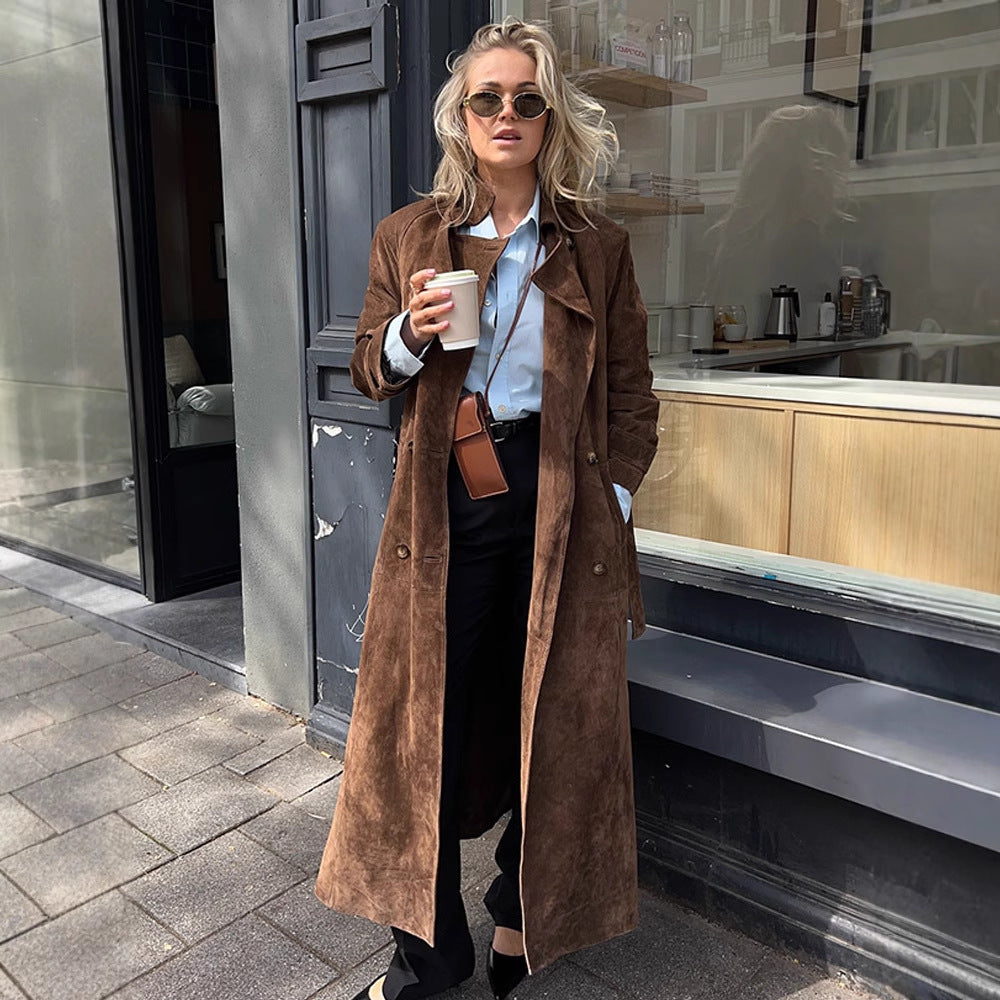 Women Maxi Long Suede Trench Coat with Tied Belt Amarae