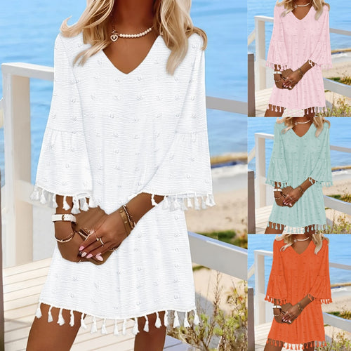 Beach dress for women with an elegant V-neckline and decorative fringes Amarae