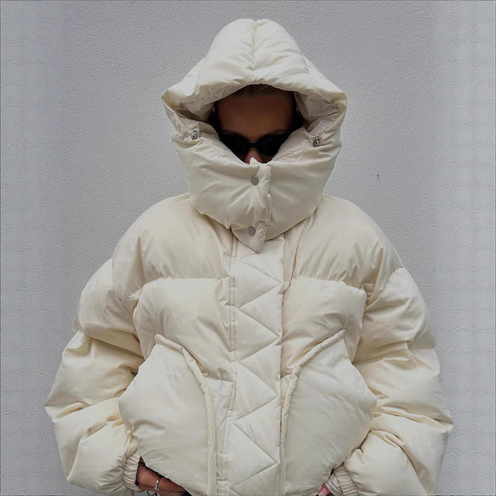 Women Oversize Quilted Puffer Jacket with extra high Stand-up Collar, double Front Zipper and boxy Silhouette Amarae