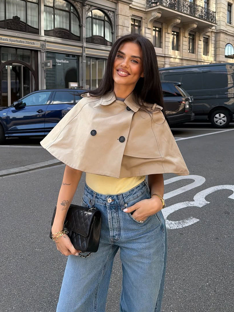 Women's Short Cape Trench with Lapel Collar, Double Button Placket and Boxy Cropped Cut Amarae