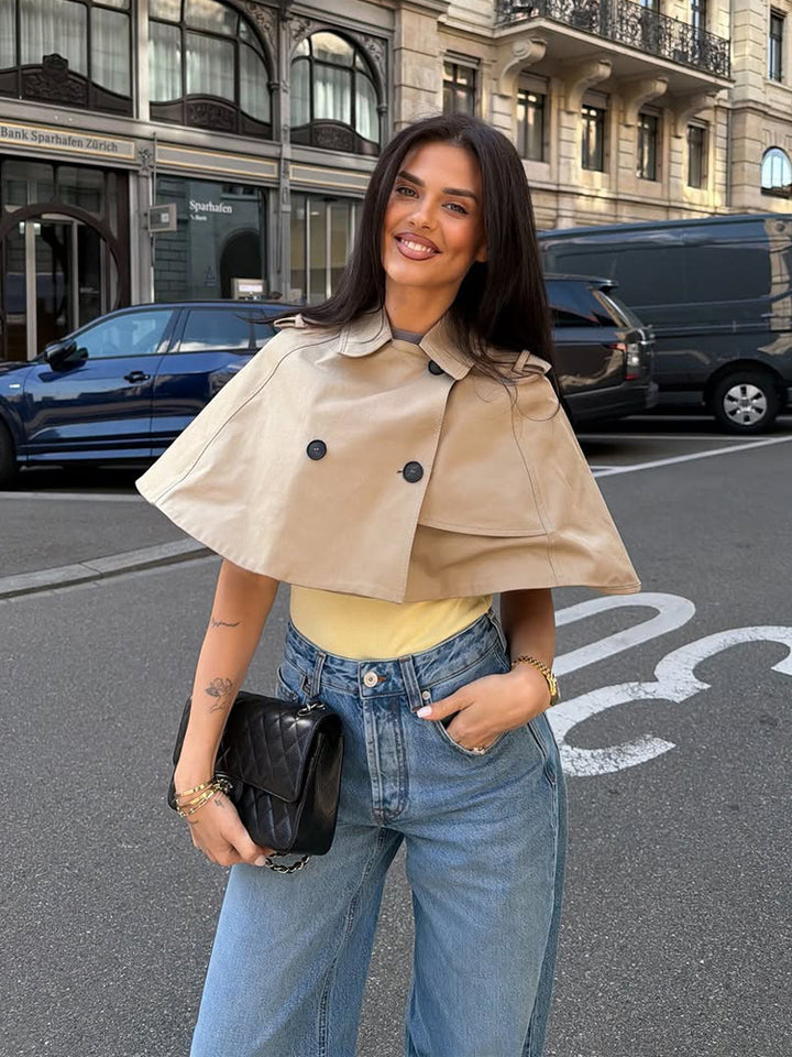 Women's Short Cape Trench with Lapel Collar, Double Button Placket and Boxy Cropped Cut Amarae