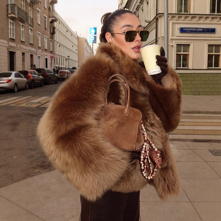 Women's short jacket in teddy style with voluminous shawl collar and soft faux fur texture Amarae