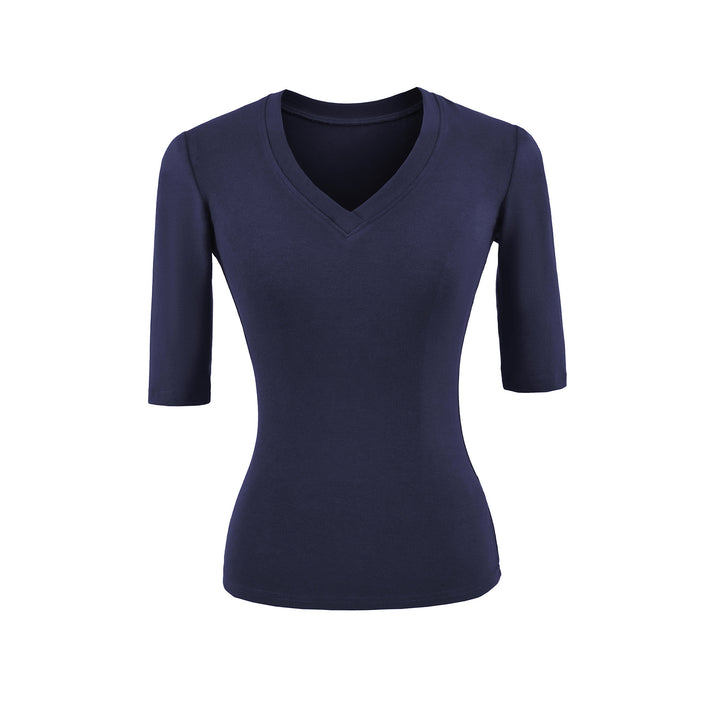 Women's Fitted V-Neck Three-Quarter Sleeve Fine Rib Top made of Stretch Jersey Amarae