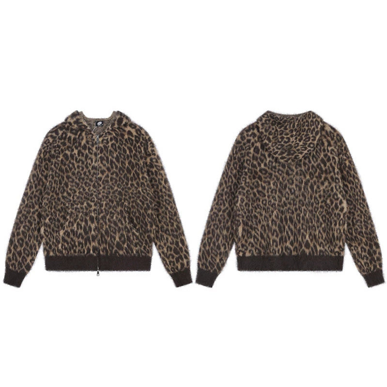 Women's Cozy Cardigan with Zipper and Leopard Jacquard Amarae