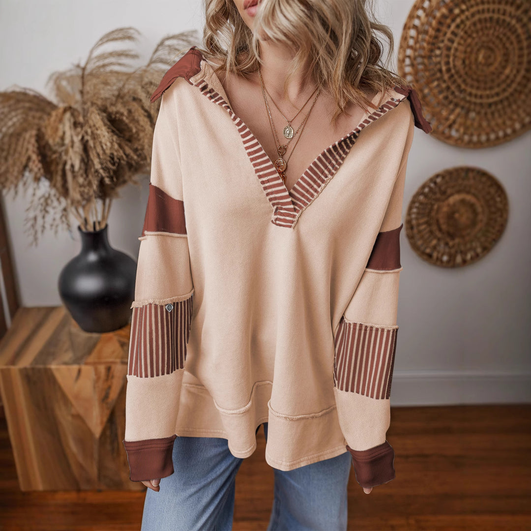 Women’s oversized sweatshirt with deep V-neck, striped inner collar and contrast sleeves Amarae