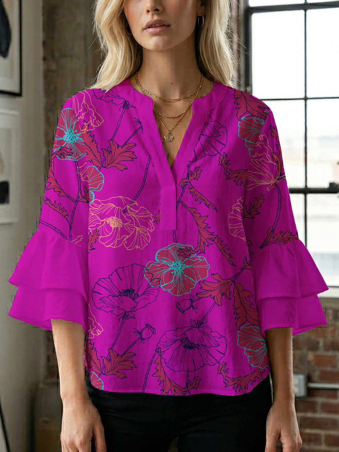 Women's blouse shirt with voluminous sleeves and floral pattern Lune London