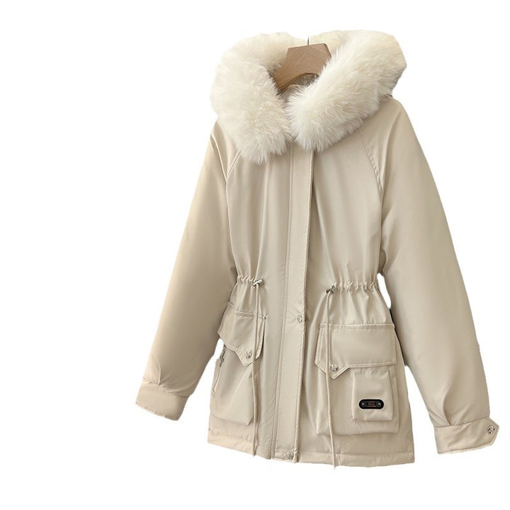 Multifunctional winter jacket for women with removable faux fur collar and adjustable waist drawstring Lune London