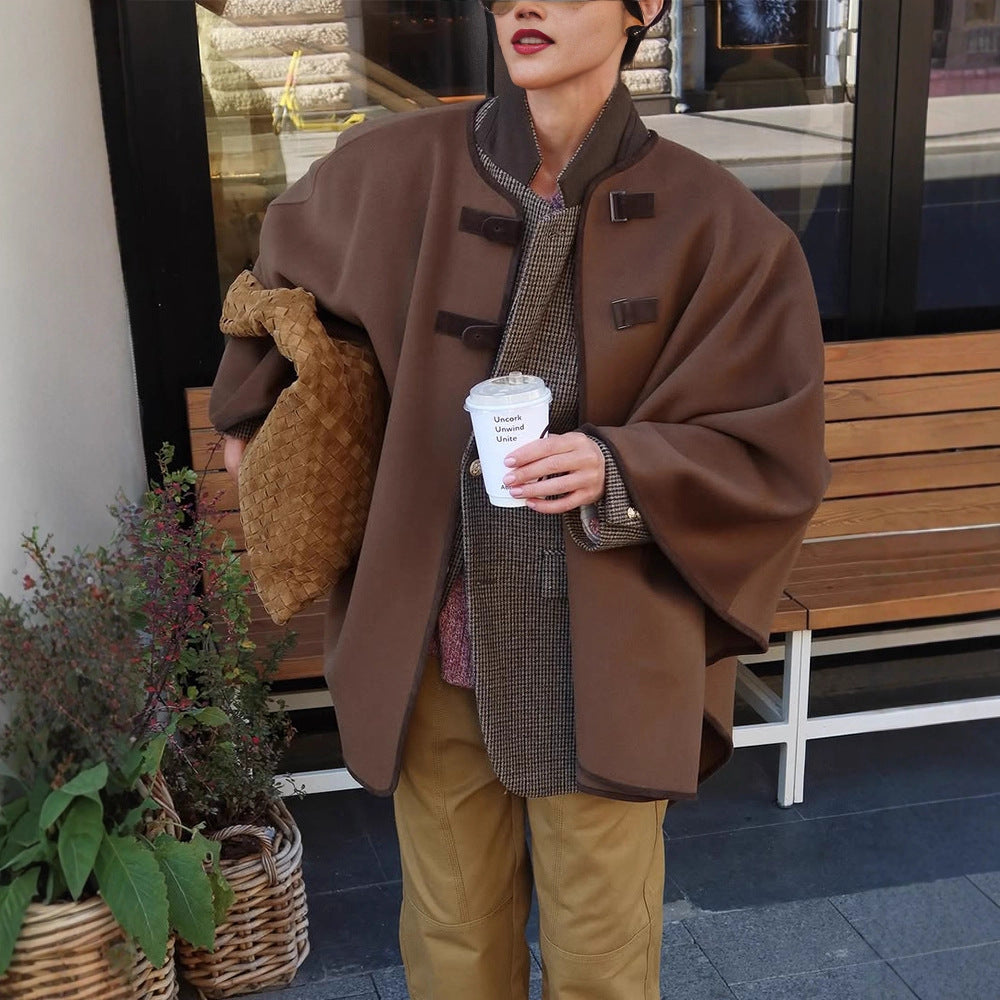 Women's Oversize Cape Coat made of wool blend with high stand-up collar and leather tabs Amarae