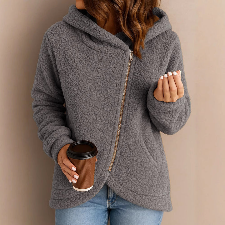 Ladies plush hooded jacket with asymmetrical zipper Lune London