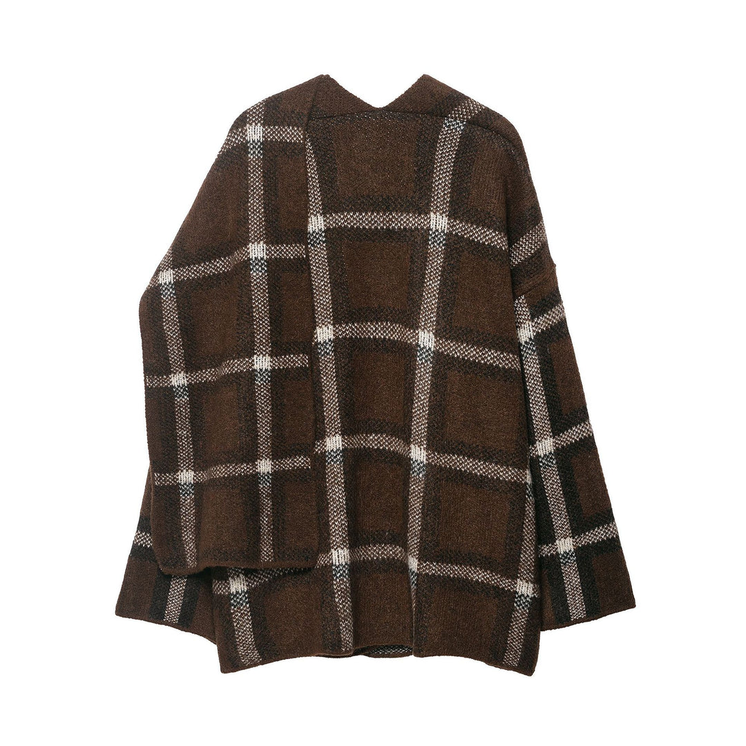 Women Oversized Cape Cardigan with Hood, Patch Pockets and Check Pattern Amarae