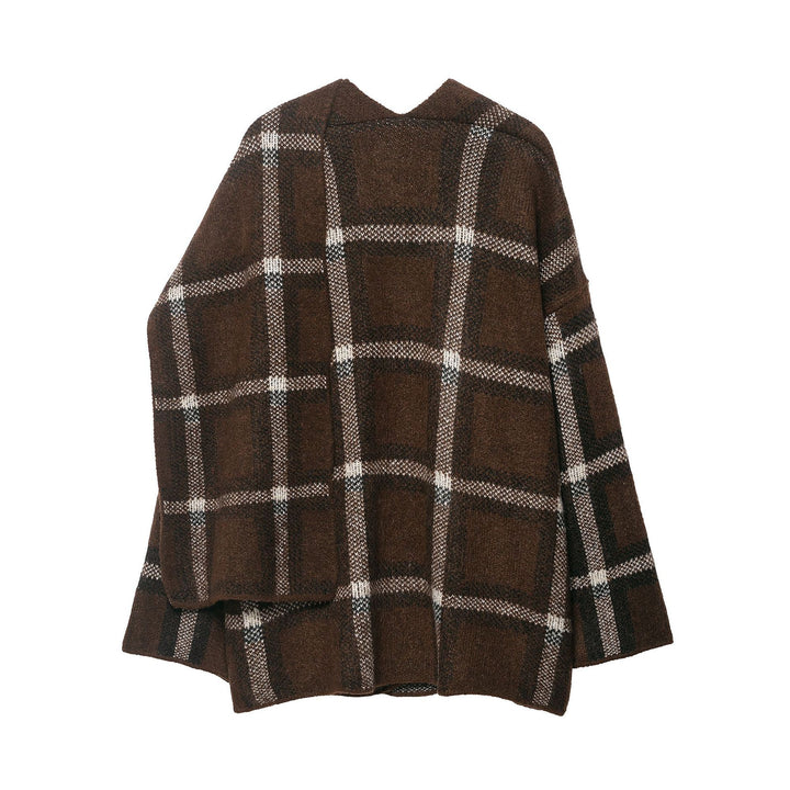 Women Oversized Cape Cardigan with Hood, Patch Pockets and Check Pattern Amarae