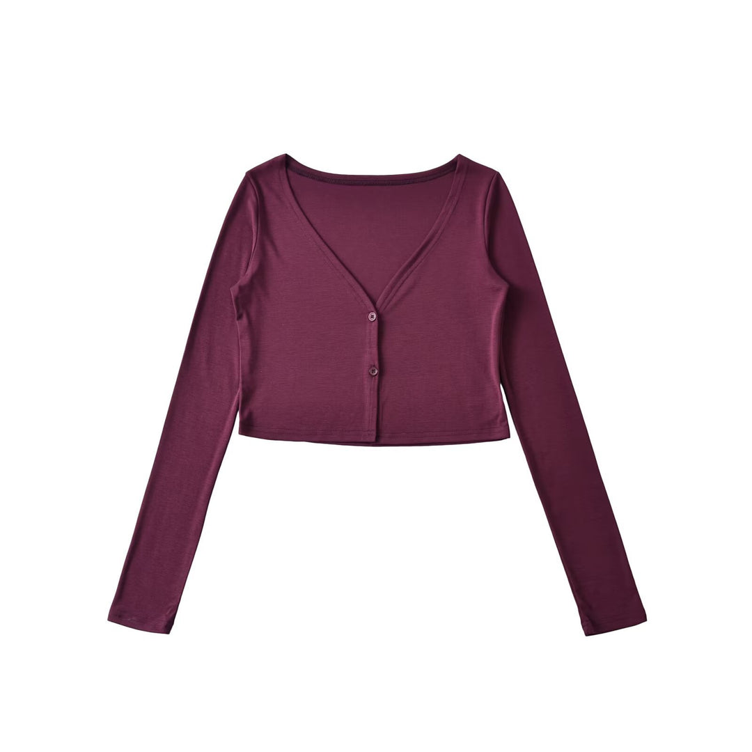 Women Cropped Jersey Cardigan with Deep V-Neck and Narrow Button Placket Amarae