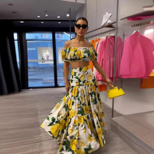 Women's Two-Piece Wrap Dress with Floral Top and Flared Skirt Amarae