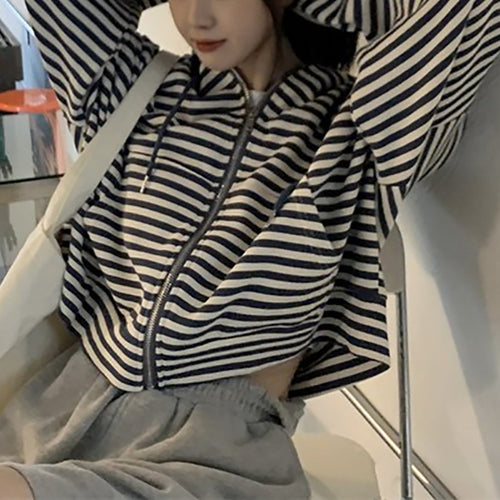 Women's striped zip hoodie with a casual cut and deep collar
