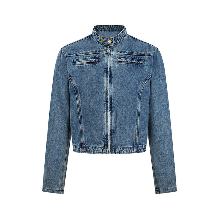 Women's short tailored denim jacket with stand-up collar and hidden zipper Amarae