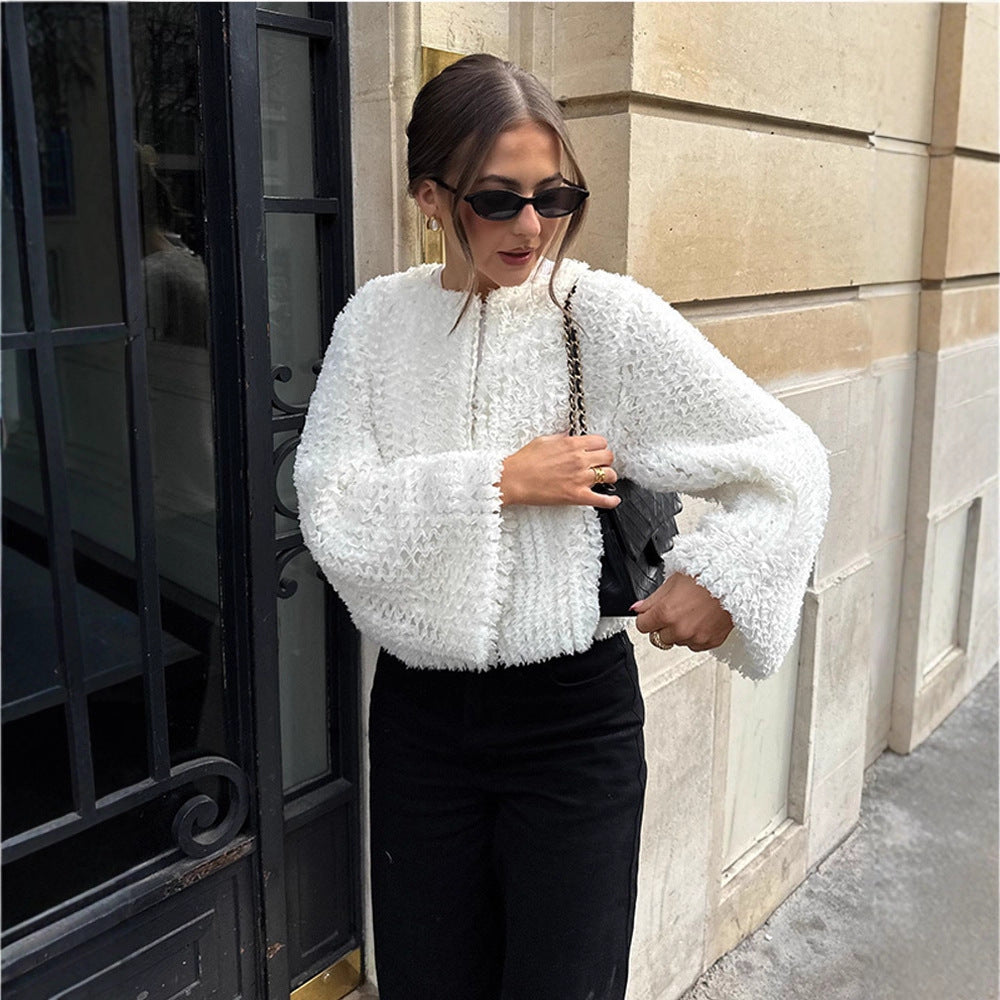 Women Short-Cut Textured Faux Fur Cardigan with Voluminous Sleeves Amarae