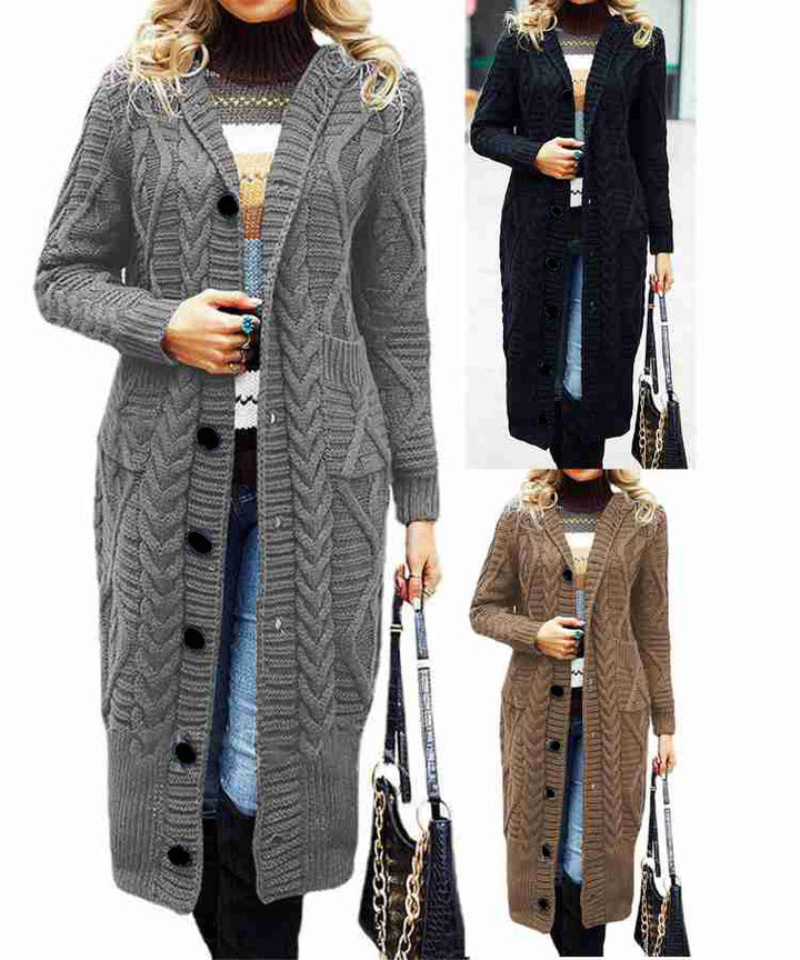 Ladies elegant knit coat with a deep V-neck and an elaborate cable pattern Lune London