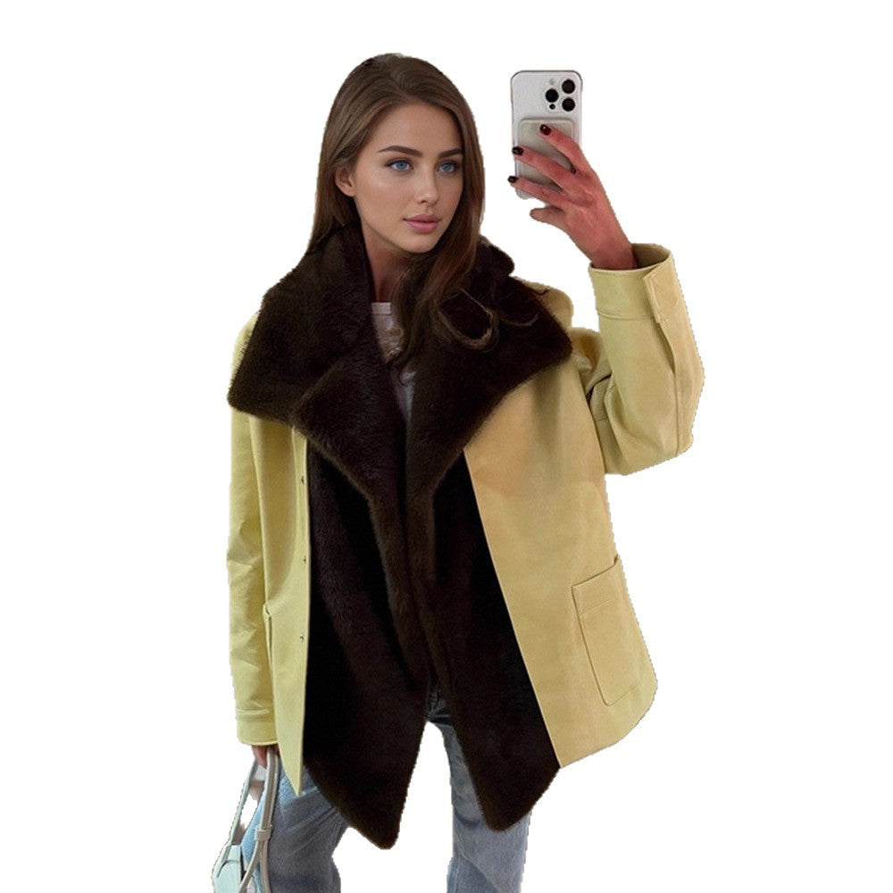 Women Elegant Oversize Coat made of Suede Look with Voluminous Faux Fur Shawl Collar Amarae