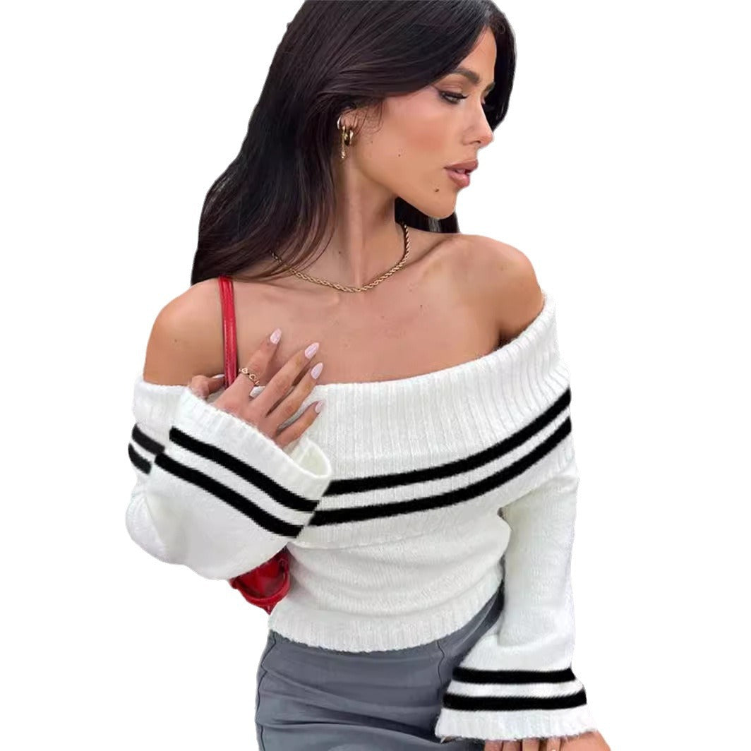 Ladies Off-Shoulder Crop Pullover with Casual Chic Stripes and Style