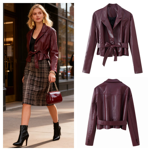 Blazer en cuir synthétique pour femme avec coupe ajustée et ceinture à nouer élégante Chic & Stil