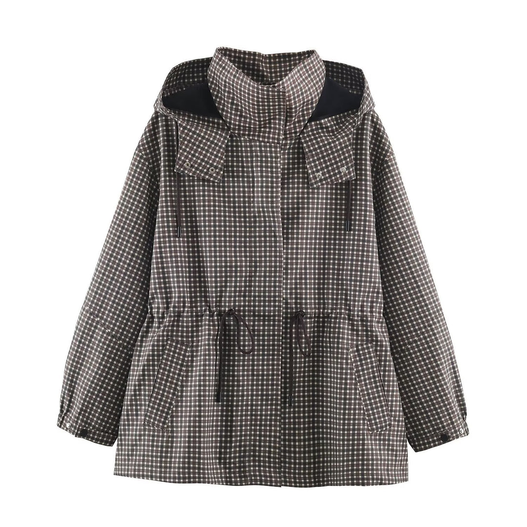 Women's Checked Transitional Parka with Drawstring Waist and High Stand-Up Collar Amarae