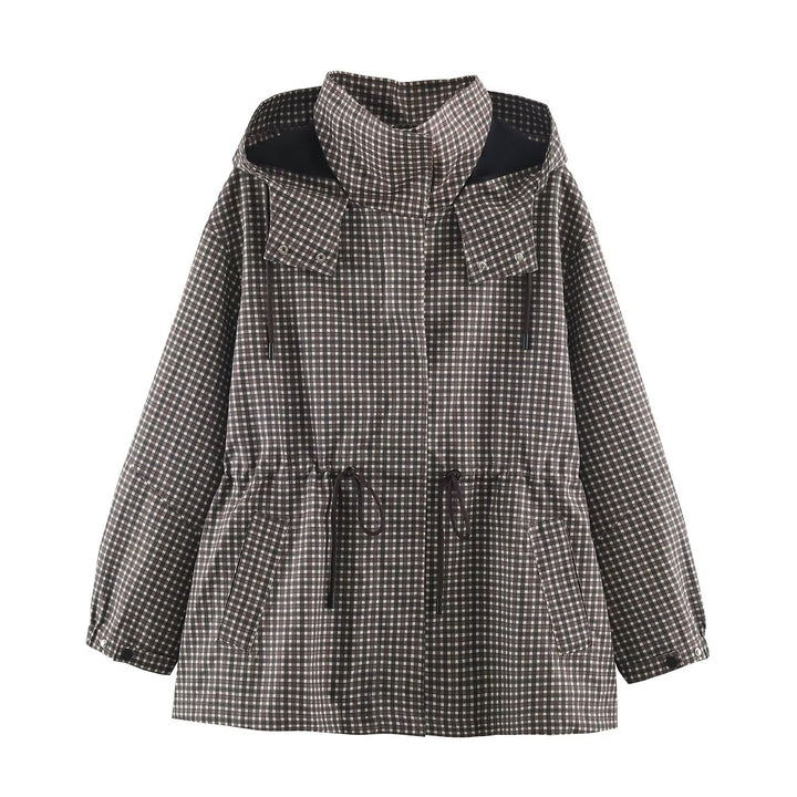 Women's Checked Transitional Parka with Drawstring Waist and High Stand-Up Collar Amarae
