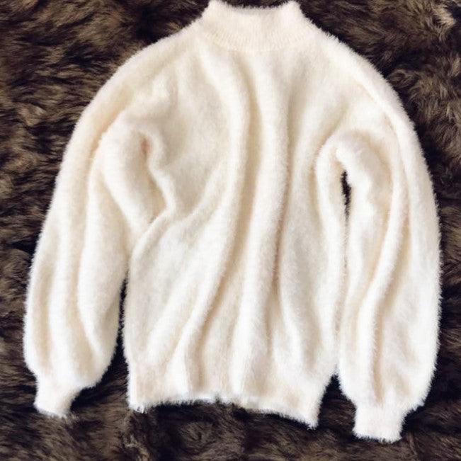 Mohair sweater for women with turtleneck, puff sleeves, and textured design Lune London