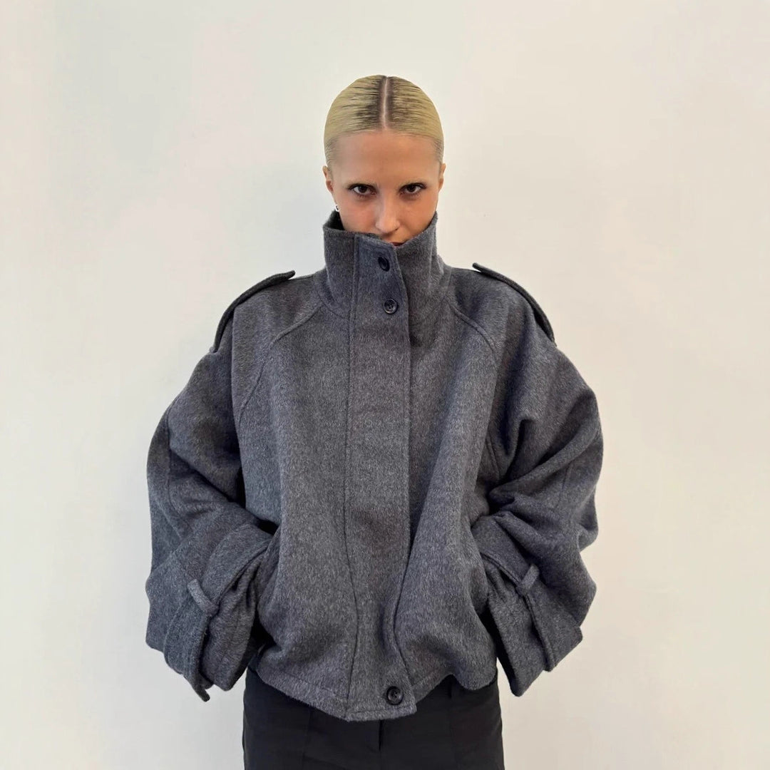 Women's short jacket made of wool blend with high stand-up collar, balloon sleeves and shoulder flaps Amarae