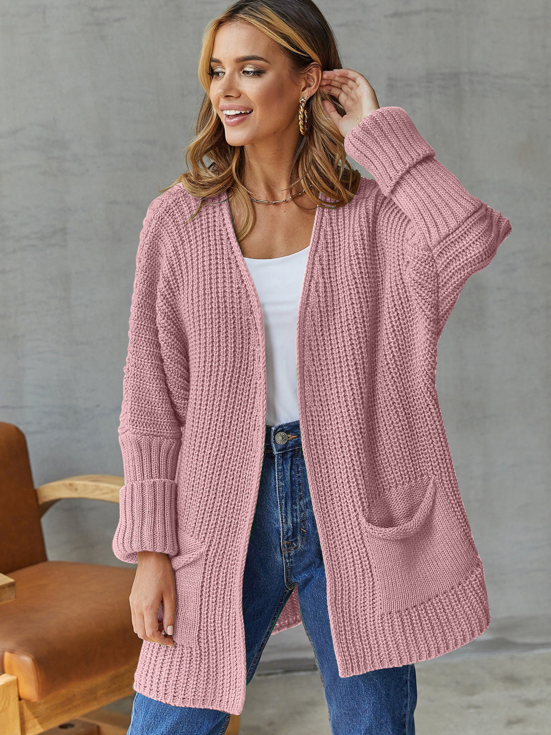 Ladies oversized knit cardigan with ribbed structure and pockets Lune London