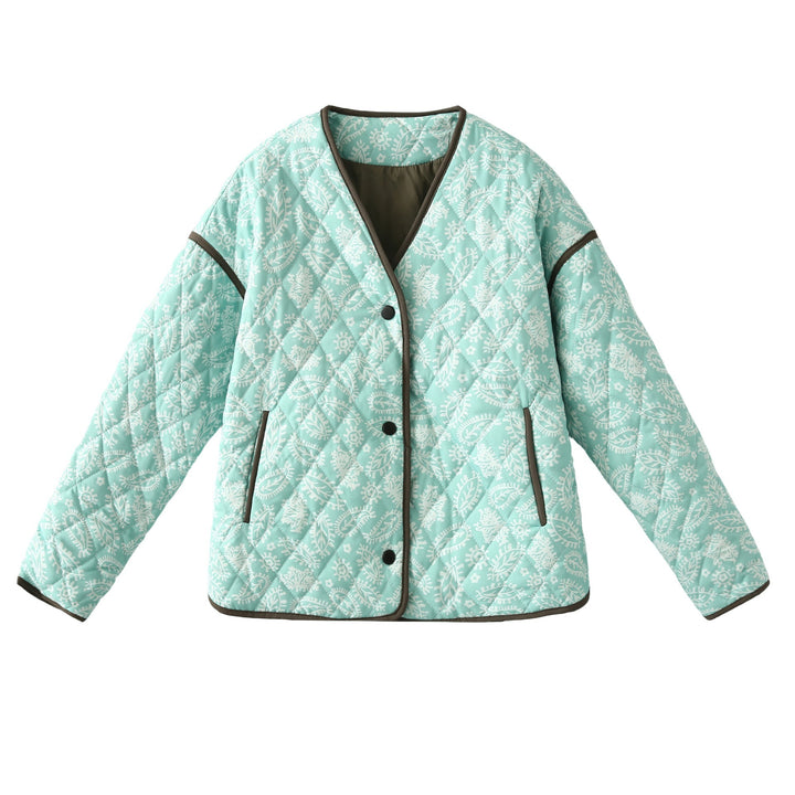 Quilted fall jacket for women with a unique floral pattern and practical pockets Lune London