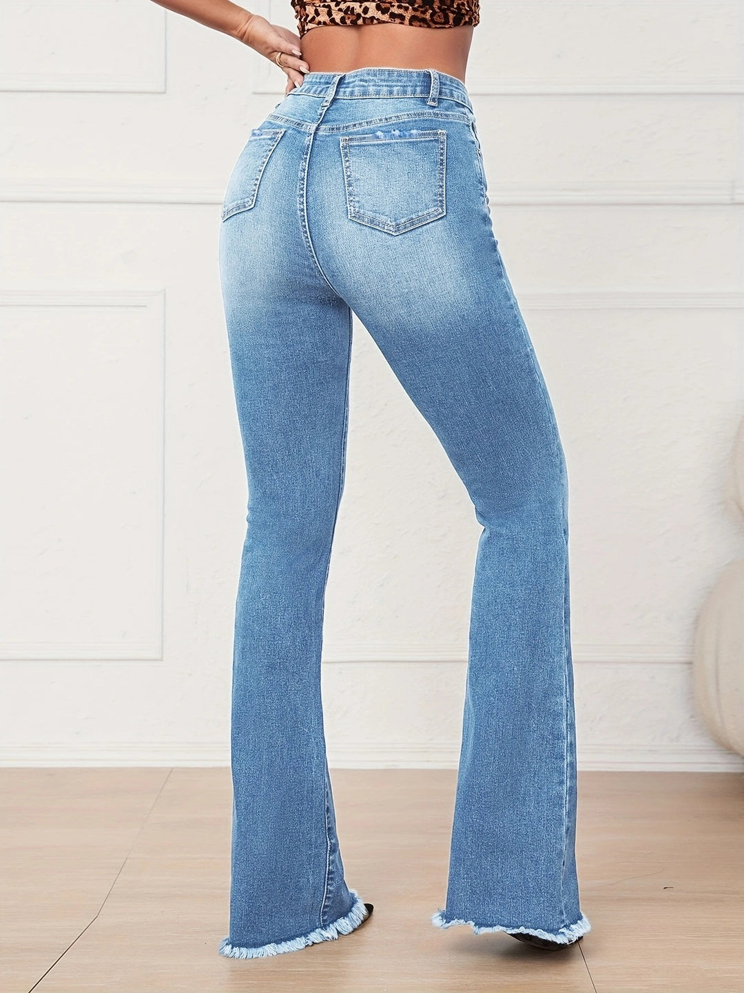 Women High-Waist Vintage Flared Jeans with Sculpting Stretch Waistband and Raw Frayed Hem Amarae