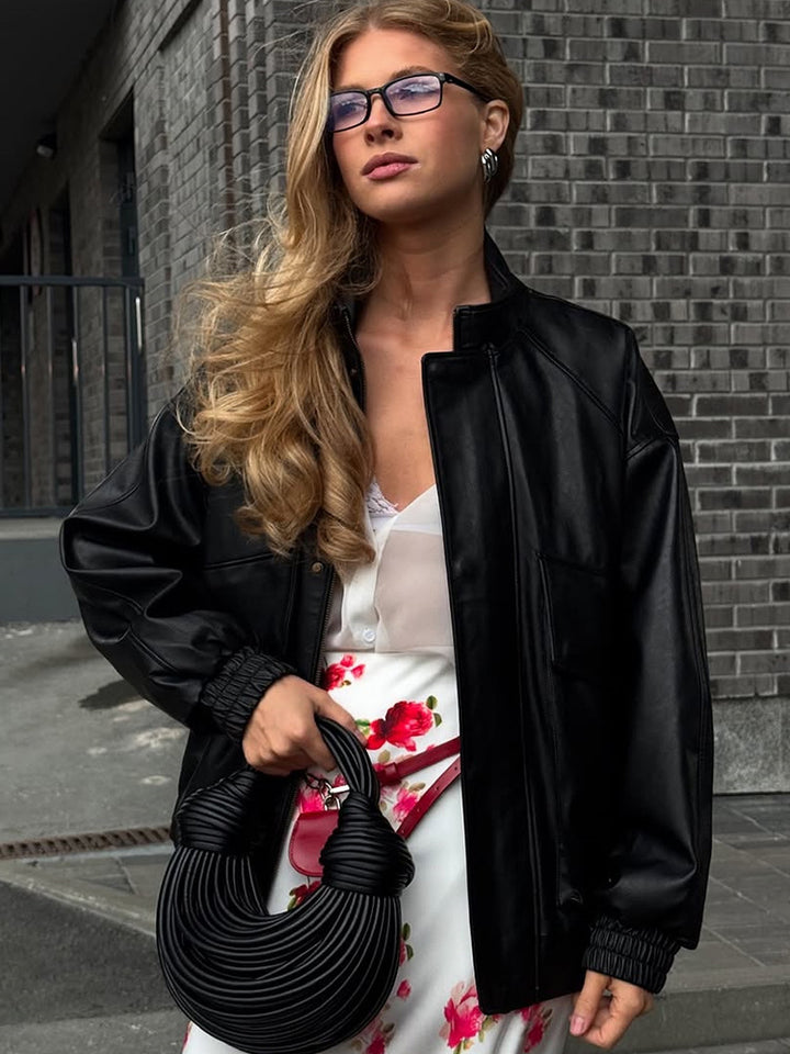 Ladies Boxy Faux Leather Blouson with Stand-up Collar and Gathered Cuffs Amarae
