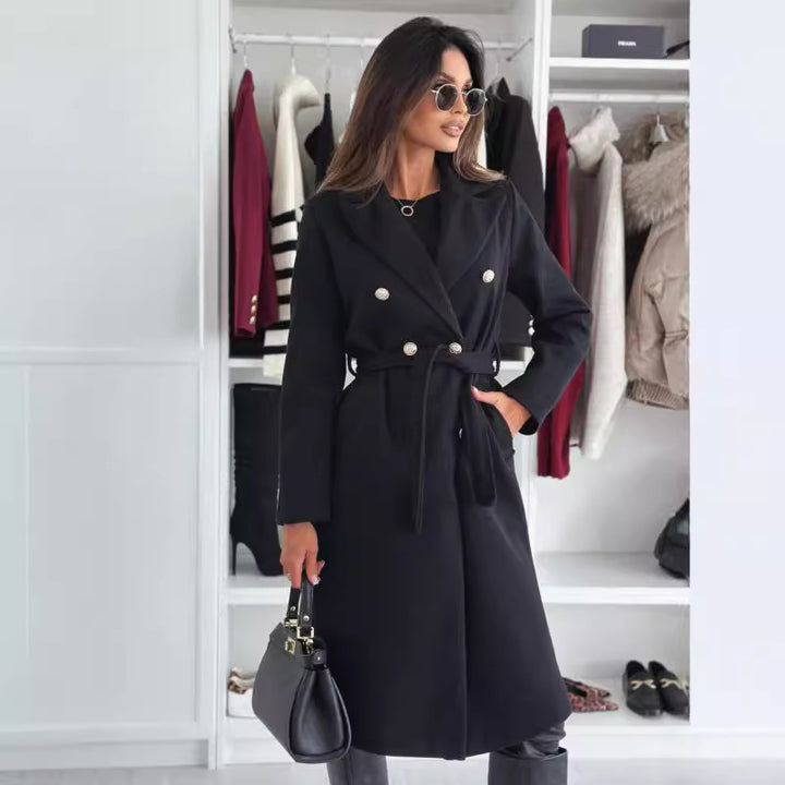 Ladies elegant double-breasted coat with belt and high-quality fabric Lune London
