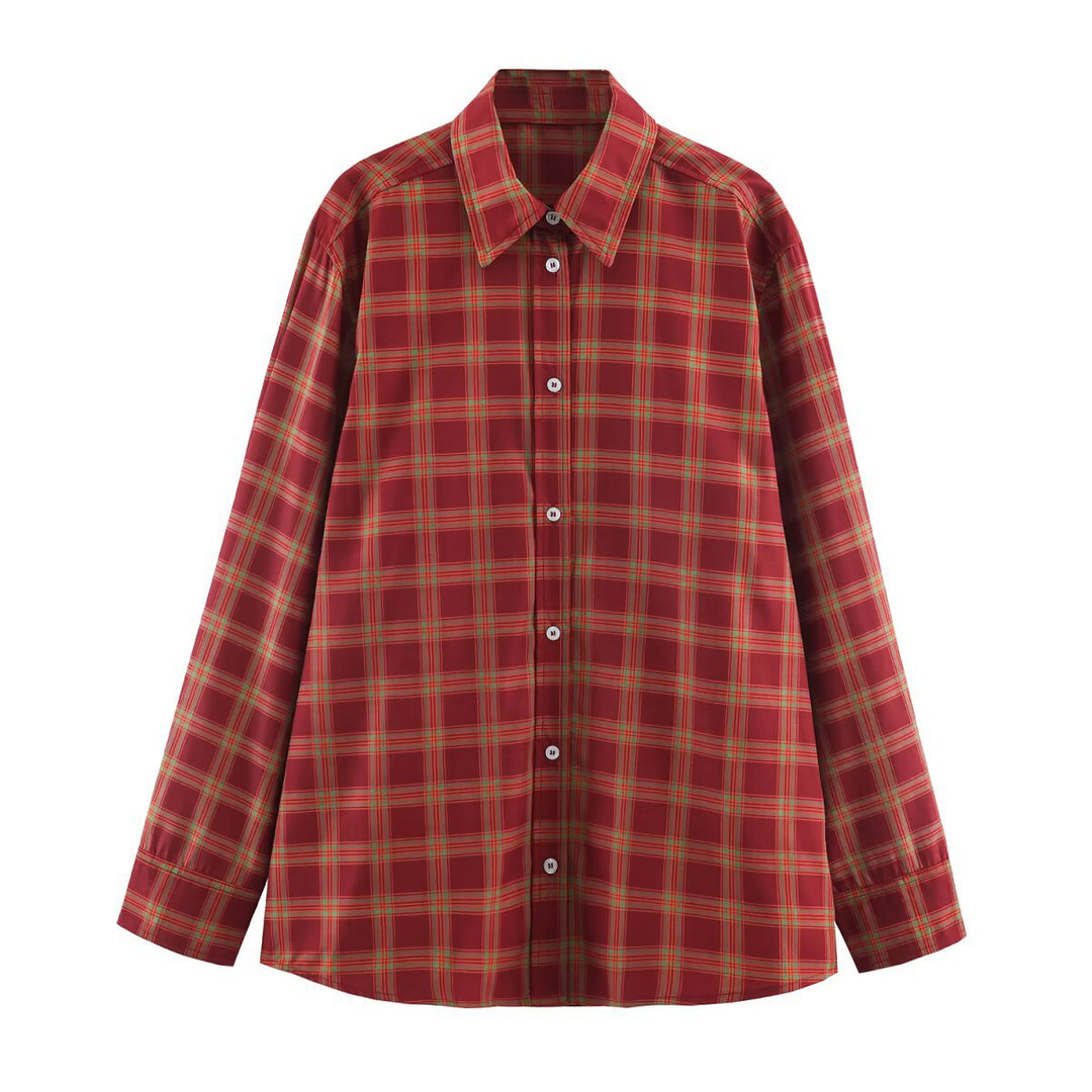 Women Oversized Check Blouse with Continuous Button Placket and Shirt Collar Amarae