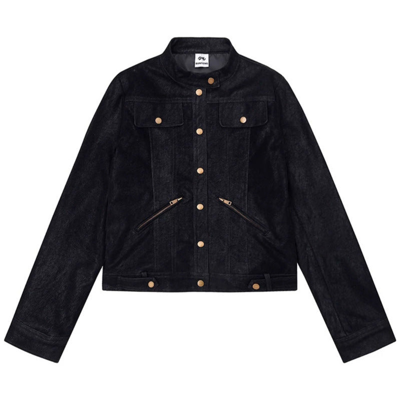 Women Short Cut Faux Leather Jacket in Vintage Moto Style Amarae