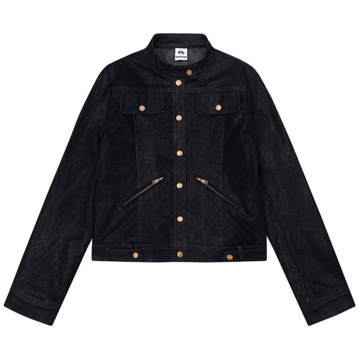 Women Short Cut Faux Leather Jacket in Vintage Moto Style Amarae