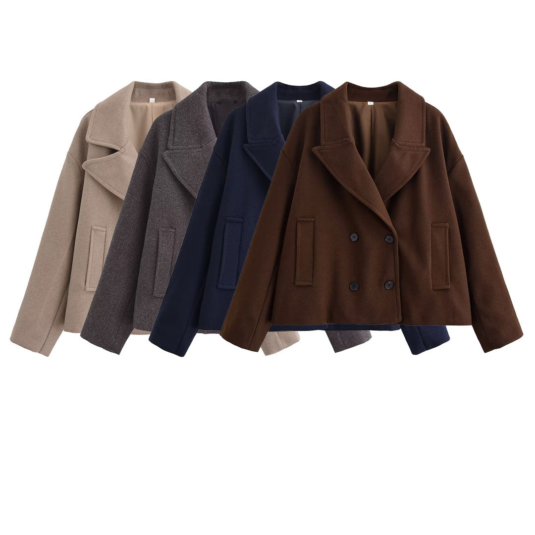 Women's Cropped Wool Blend Cab Jacket with Oversized Lapels and Patch Pockets Amarae