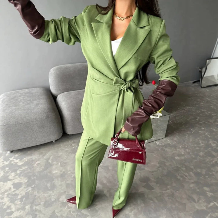 Women Tailored Blazer Coat with Tie Belt and Wide Suit Trousers Amarae