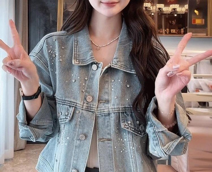 Veste en denim pour femme avec perles décoratives Chic & Stil