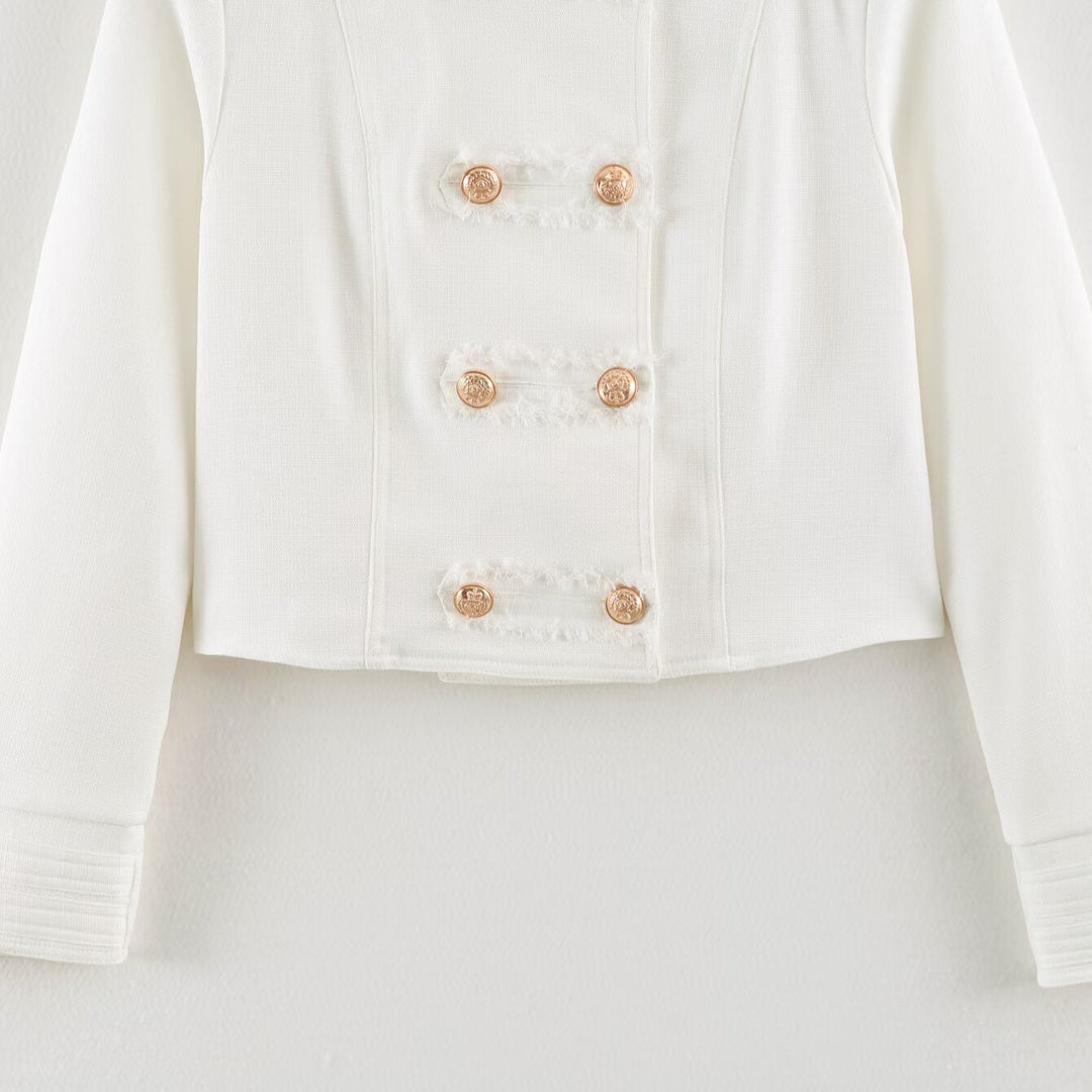Ladies Short Cut Military Inspired Jacket with Stand-Up Collar and Decorative Button Placket Amarae
